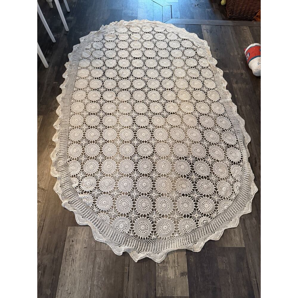 Large Handmade Crochet Oval Tablecloth Ivory Lace Boho Farmhouse 59x83